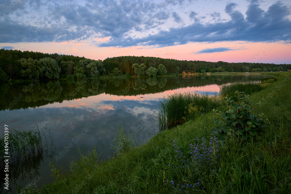 sunset over the Strizhen river in Chernihiv, Ukraine