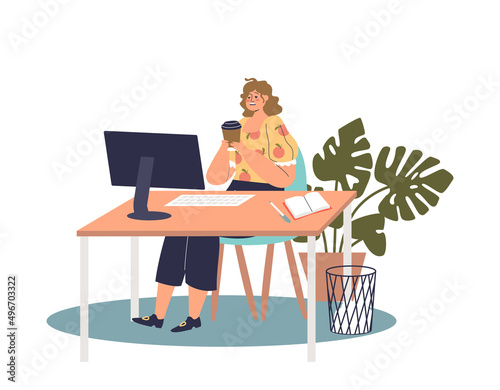 Tired woman worker drinking coffee at office workplace working overtime on computer