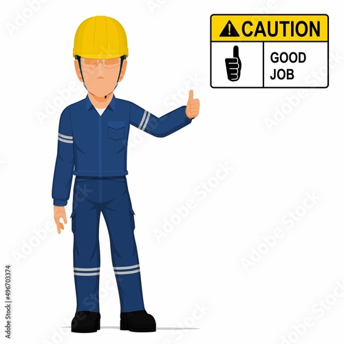 An industrial worker raise thumbs up on the gloves on white background