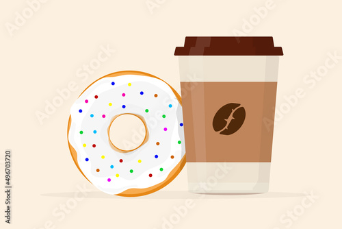 a cup of coffee in a paper cup with a lid and a donut