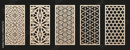 Laser cut patterns. Vector collection of floral geometric ornaments, abstract grid. Modern Oriental style design. Template for cnc cutting, decorative panels of wood, metal, paper. Aspect ratio 1:2