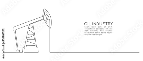 One continuous line drawing of oil pumpjack. Pump station petroleum production and trade industry in simple linear style. Energy crisis concept. Editable stroke. Doodle vector illustration