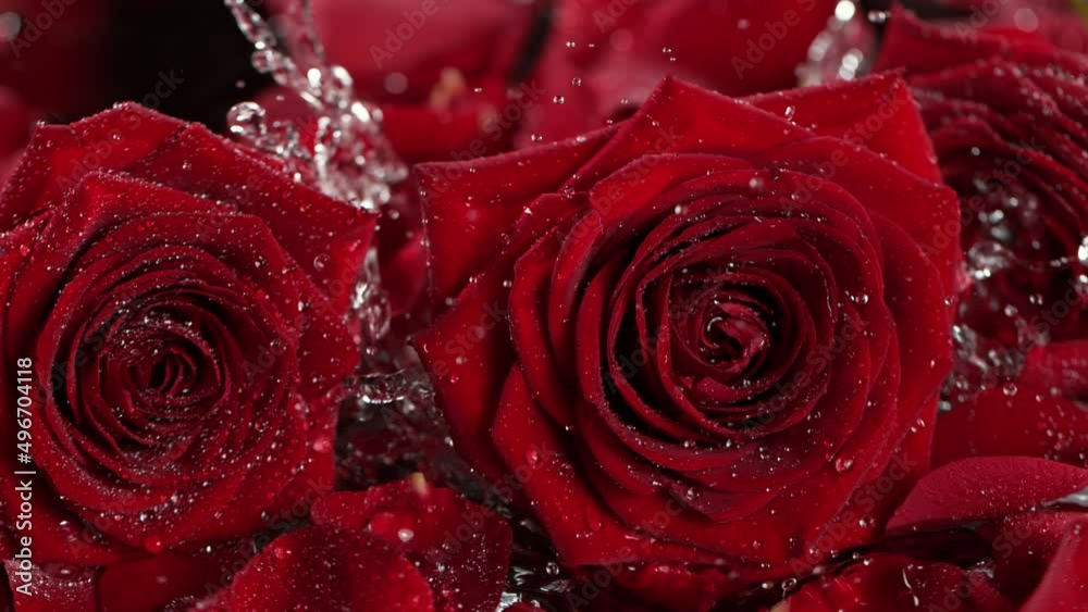 Super slow motion shot of falling and splashing red rose bloom into water at 1000 fps. Super slow motion shot of falling and splashing red rose bloom into water at 1000 fps.