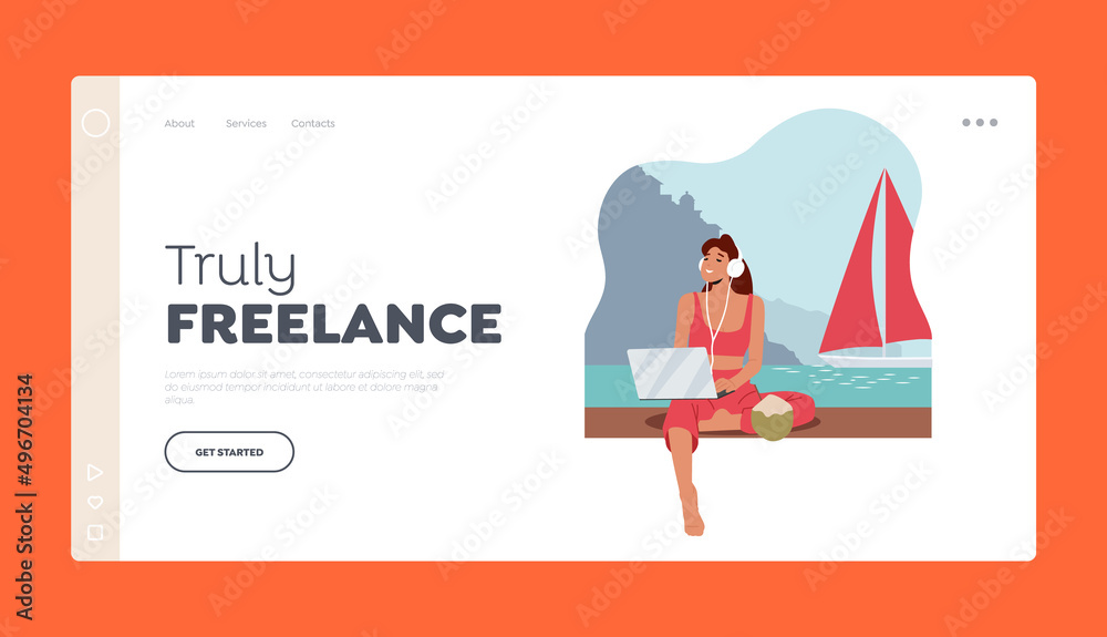 Freelance Landing Page Template. Young Woman Freelancer Wear Headphones Work on Laptop at Sea Beach Sitting on Bench