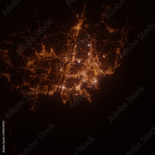Busan (South Korea) street lights map. Satellite view on modern city at night. Imitation of aerial view on roads network. 3d render