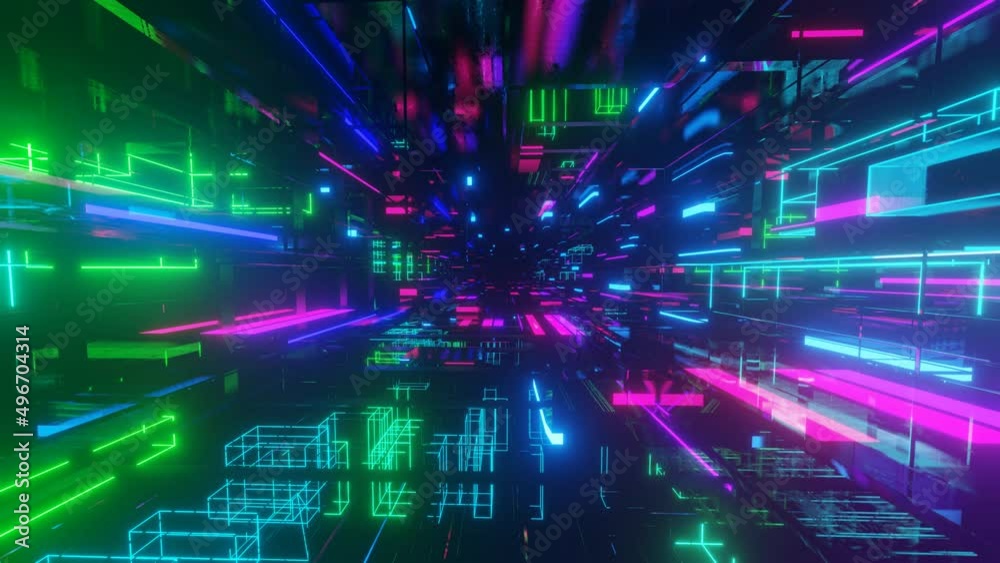 Hi-tech neon sci-fi tunel. Trendy neon glow lines form pattern and construction in mirror tunnel. Fly through technology cyberspace. Complex technological structures. 3d looped seamless 4k bright bg.