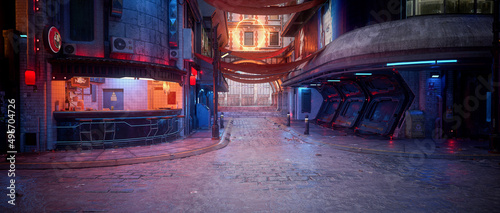 Fototapeta Naklejka Na Ścianę i Meble -  Cinematic panorama 3D rendering of a dark moody cyberpunk city street with fast food bar on the corner.