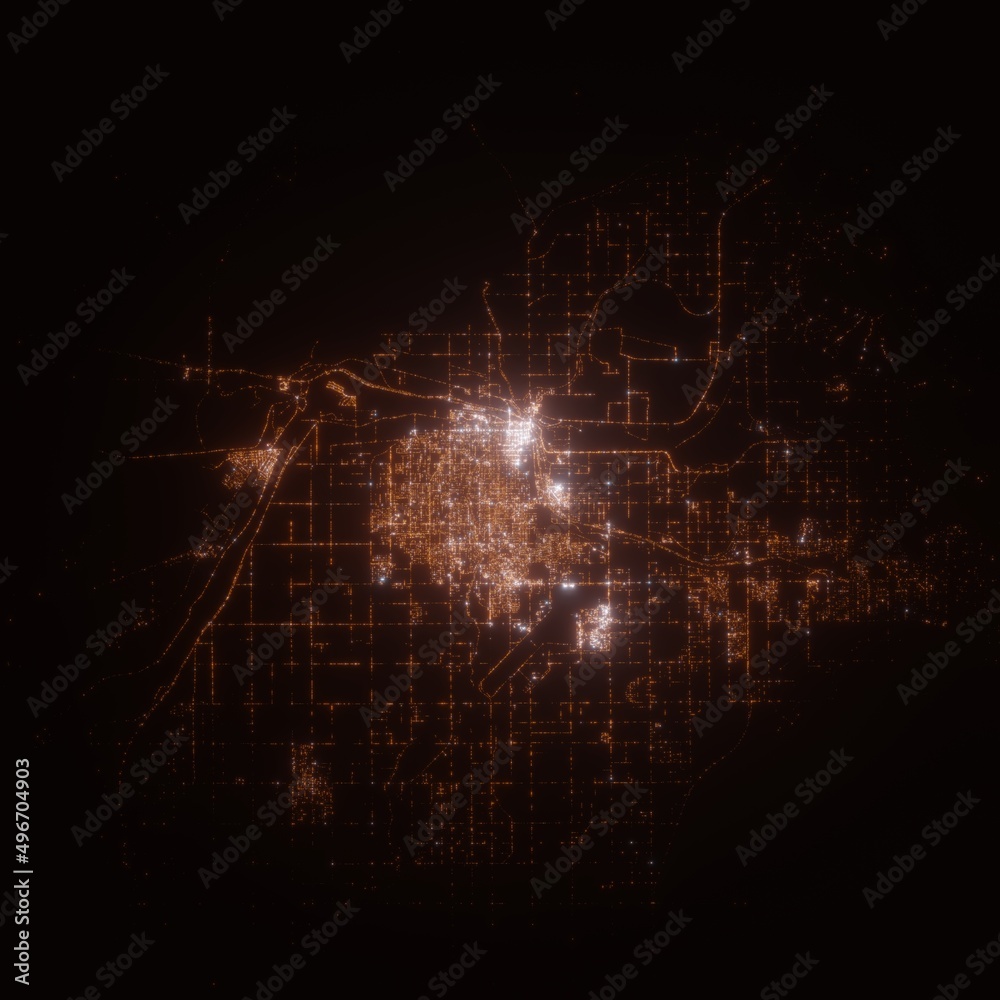Obraz premium Yuma (Arizona, USA) street lights map. Satellite view on modern city at night. Imitation of aerial view on roads network. 3d render
