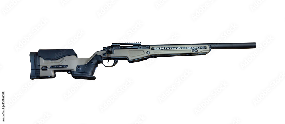 Firearm, bolt action rifle isolated over white background.