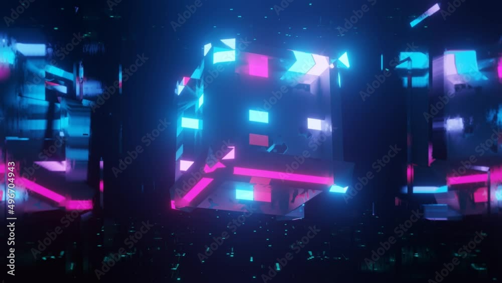 cubes structure. 3d object or structure rotates and moves inside glass mirror tunnel with neon light, bright reflections. Fantastic abstract bg looped in 4k. Vj for show. Sci fi bg fly hi tech tunnel