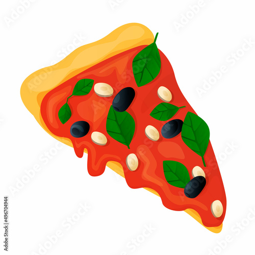 Vector isolated illustration with a slice of fresh, juicy Marinara pizza. The concept of traditional Italian food, snacks, fast food, vegetarian. You can use the element in banners, web design, etc.