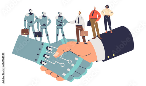 Robots and human collaboration. Business people team handshake with robotic mechanism