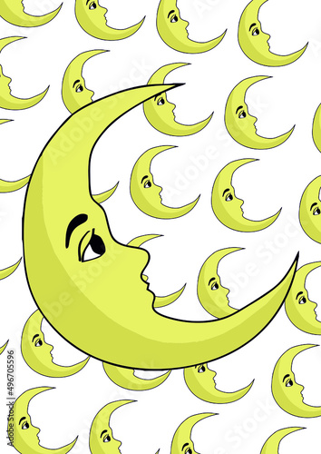 background with repetition of yellow moons, pattern of equal moons with a large central one.