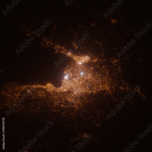 Port Au Prince  Haiti  street lights map. Satellite view on modern city at night. Imitation of aerial view on roads network from space. 3d render with glow effect