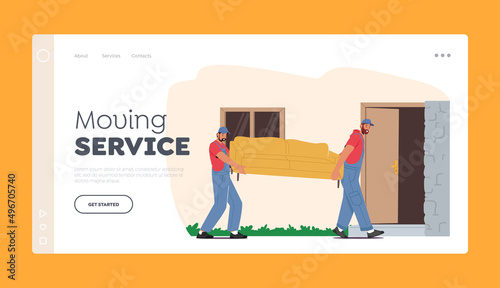 Moving Service Landing Page Template. Relocation into New House Concept. Workers Characters Carry Sofa, Delivery Company