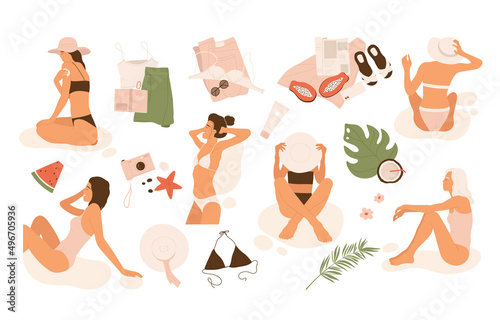 Summer vacation aesthetic collection. Resting women, objects, fruits, leaves set. Tanning girls, clothing, accessories collection. Vector illustration in cartoon style. Isolated white background