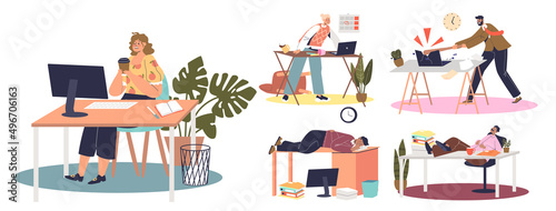 People with fatigue and exhaustion at workplace. Set of angry, tired and stressful office workers