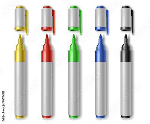 Colorful marker pens set realistic. Children and artist pencils 3d isolated cliparts pack