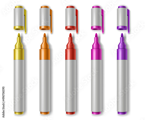 Colorful marker pen. Realistic highlighter pencil of yellow, orange, red, purple for drawing