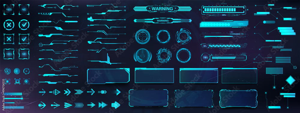 HUD - futuristic user interface elements for GUI, UI, UX, KIT. Futuristic user interface graphic box for UI game. Digital lines, Arrows, Callouts titles, Circle HUD, frames, panels, bar labels. Vector - obrazy, fototapety, plakaty 