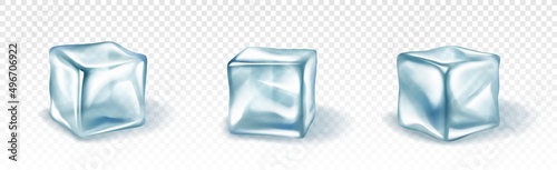 Realistic ice cubes. Cold freeze water blocks different angles view for drink and cool beverages