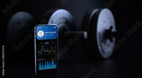 Health app. Smart phone screen with fitness health or sport gym mobile application on black dumbbell background. Home online workout.