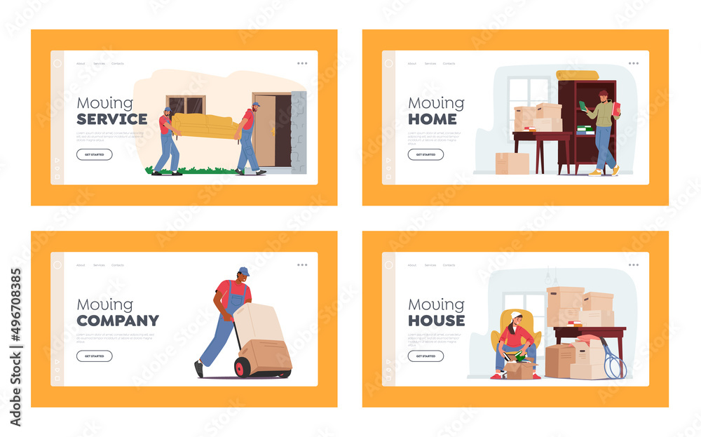Relocation and Moving to New House Landing Page Template Set. Workers Wear Uniform Carry Boxes and Furniture