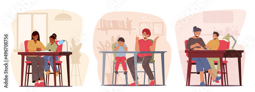 Parents Help Children with Homework. Homeschooling Education Concept. Mother and Father Sitting at Desk Teach Kids