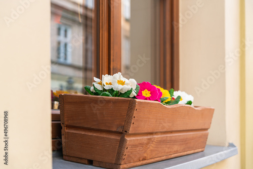 Close-up of a yellow wall with a wooden box with colorful flowers on a windowsill outside in Krakow, Poland