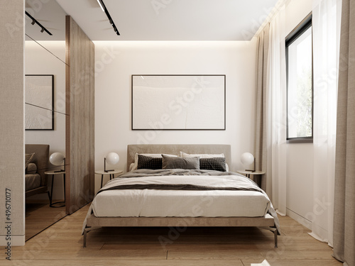 Modern beige bedroom interior with empty white picture frame 3D Rendering, 3D Illustration