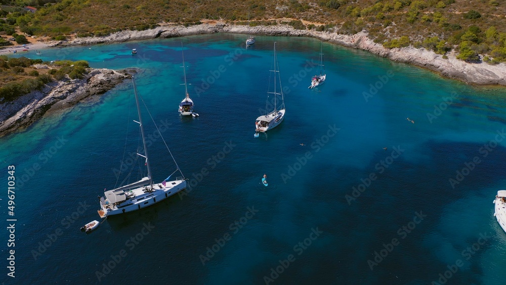 Anchoring yachts in bay. Aerial drone view