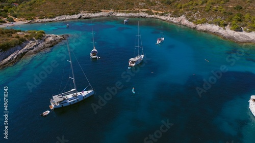 Anchoring yachts in bay. Aerial drone view