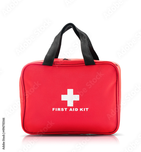 Red bag with first aid kit isolated on white background