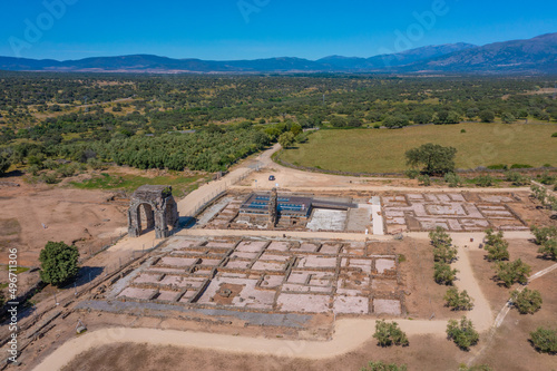 Aerial view of ruins of roman town Caparra in Spain. photo