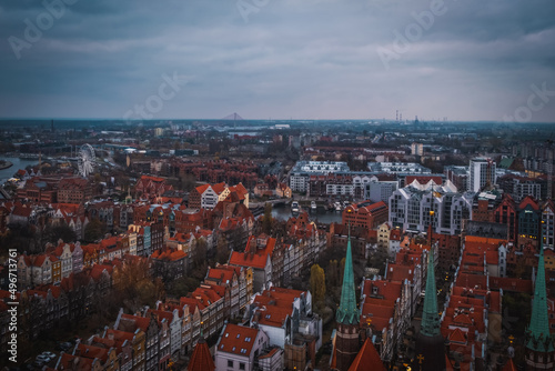 Top panoramic view of beautiful architecture of the old town in Gdansk, Poland. November 2021