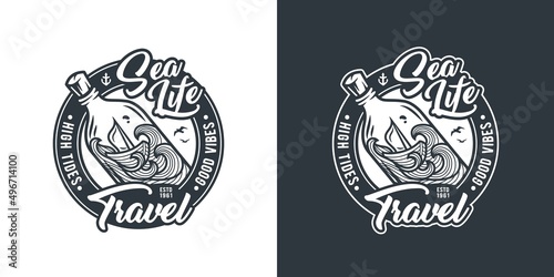 Nautical sea adventure print, marine travel, bottle on waves print