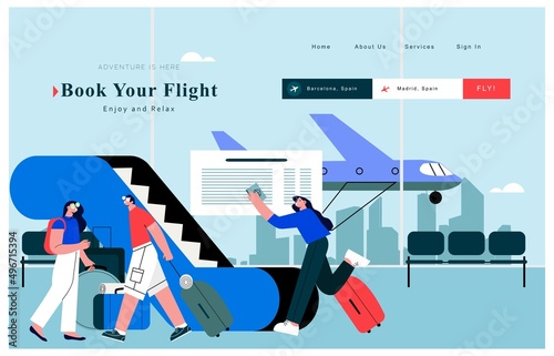 Traveling people at the airport terminal with suitcase flat vector illustration. Travel and vacation, business trip concept