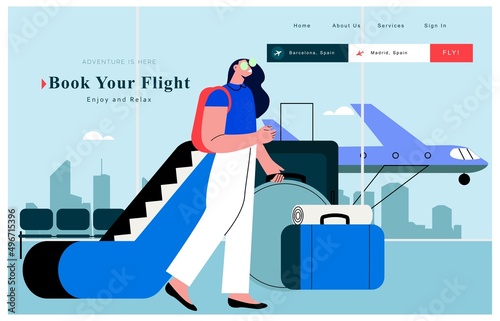  Traveling young woman at the airport terminal with suitcase flat vector illustration. Travel and vacation, business trip concept. Female traveler at departure terminal
