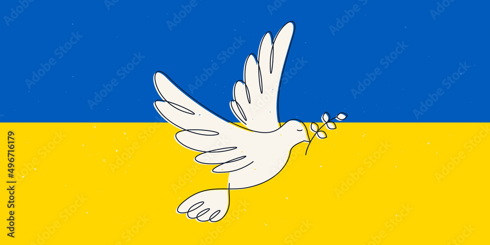 Support Ukraine. Flying bird as a symbol of peace. No war sign. Simple line drawing. - obrazy, fototapety, plakaty 