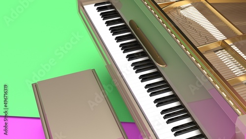 Champagne-Gold Grand Piano under green-purple background. 3D illustration. 3D CG. 3D high quality rendering.  