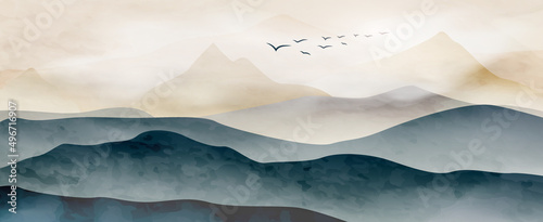 Landscape art background with mountains and hills in blue and pink colors. Stylized watercolor banner for decoration, interior design, packaging