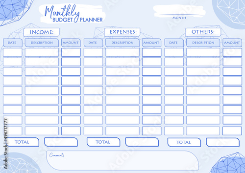 Monthly budget planner with abstract sybmols line art style blue color