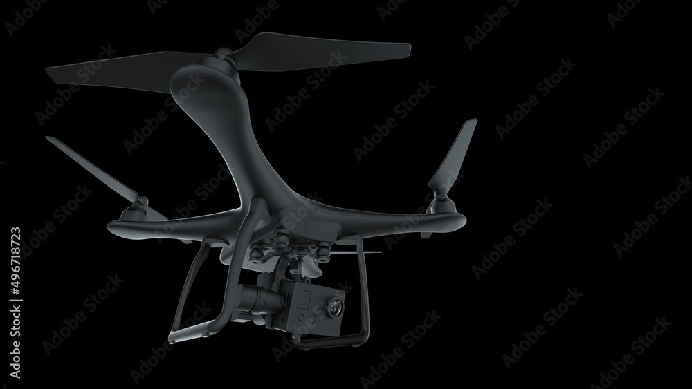 Powerful black drone loaded with some of most advanced imaging and flight technologies under black background. Concept image of video production, agriculture solution and public safety. 3D CG. Powerful black drone loaded with some of most advanced imaging and flight technologies under black background. Concept image of video production, agriculture solution and public safety. 3D CG.