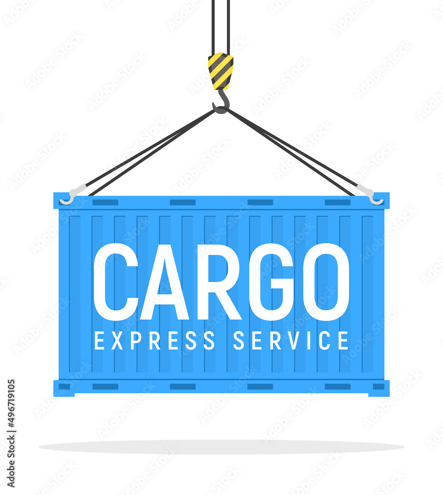 Cargo vector crane blue box flat illustration. Cargo metal box storage design side view on white Cargo vector crane blue box flat illustration. Cargo metal box storage design side view on white