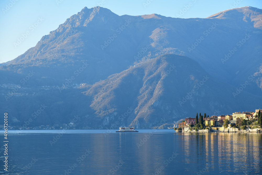 Beautiful view to lake Como, the third largest of the Italian lakes. Located at the foot of the Alps. Famous travel destination for tourism.