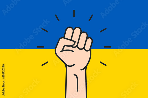 Ukraine freedom strong fist on Ukraine flag background. Stand with Ukraine resistance logo design vector illustration