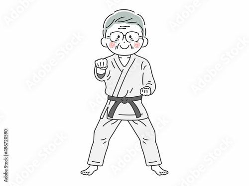正拳突きをする、空手家の年配男性のイラスト