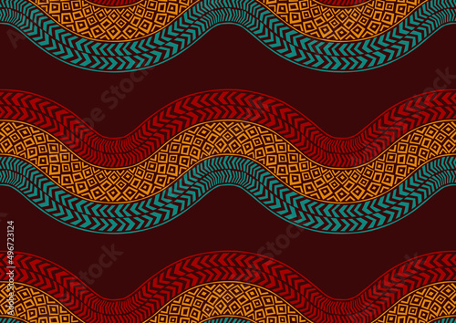 african textile art curvy zig zag and circle point seamless pattern, textile art, fashion background artwork for print, vector file eps10.
