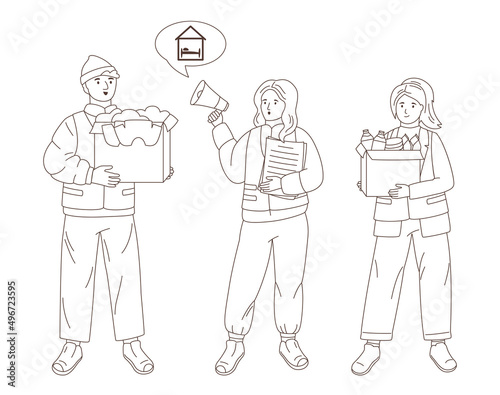 Volunteers with donations, assistance resettlement volunteering concept. Doodle helping poor refugees. Charity diverse young people, altruistic activity character. Outline philanthropy, kindness