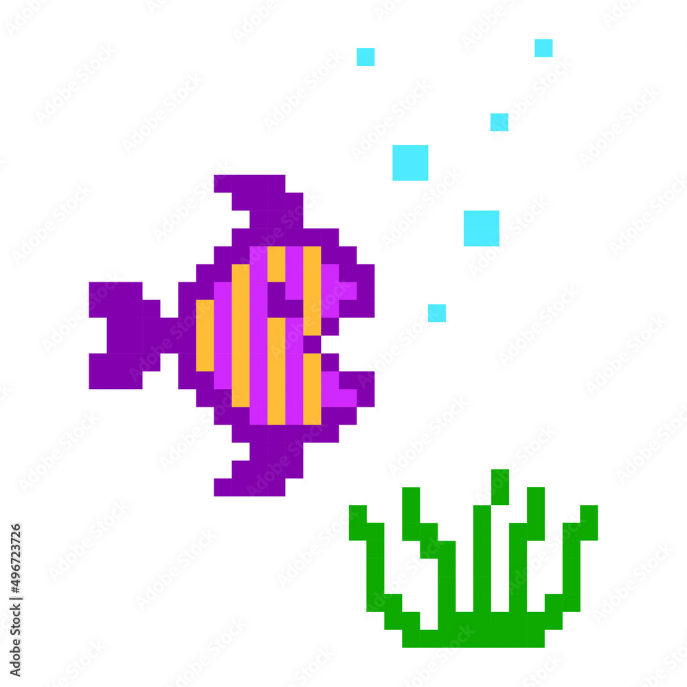 Pixel fish in seaweed. Game location. Underwater life. Vector illustration. stock image. 